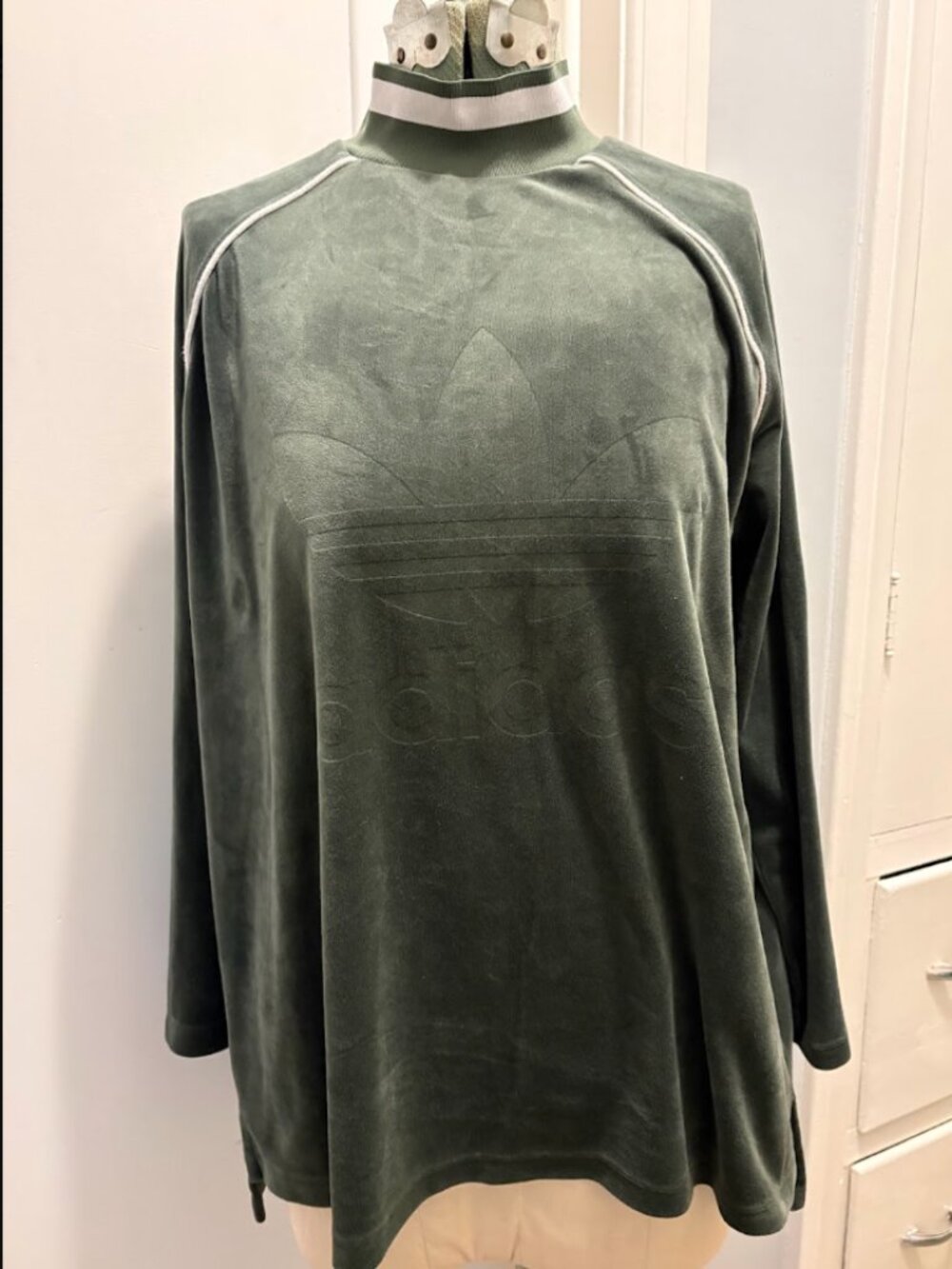 adidas Originals Olive Green Velour Mock Neck Oversized Pullover XS